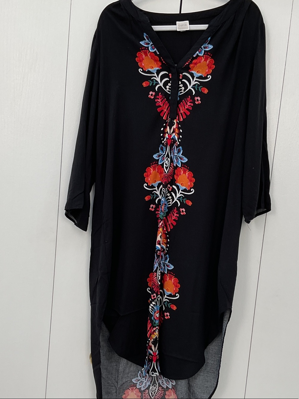Cupio Black Tunic Swim Coverup with Red, Orange and Blue Embroidery
